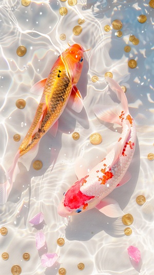 Pink carp swimming in clear water, lots of golden corns,pink and gold petals,one pink koi fish and one golden koi fish with long tails at the bottom of a sparkling white pool, gold dust, sparkle, gold coins, luick,light and shadow effects, in the style of surrealism, y2k aesthetics, soft edges, high resolution photography, fantastic realism. I can't believe how beautiful it is.