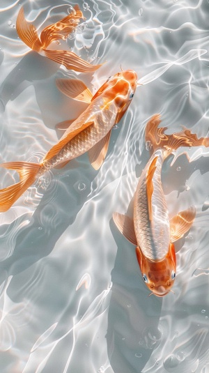 Surreal,there are two golden fish made of foil on the sparkling white water,beautiful curves,sunlight,spots,reflective cyan,light and shadow,sacred,natural light,cinematography,photography,real,high - definiition,high detail,clean,simple,best picture quality ar 3:4 v 6.0 s 250