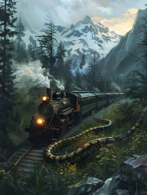 深山老林里，一辆火车，车顶上爬着一条巨蟒，有神秘感
