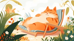 夏日大自然背景，一只胖嘟嘟可爱的橘色猫咪躺在躺椅上悠闲的睡午觉，微风吹拂，花朵摇曳，