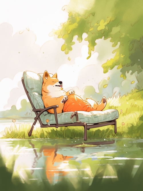 夏日大自然背景，一只胖嘟嘟可爱的橘色狗狗躺在躺椅上悠闲的睡午觉，