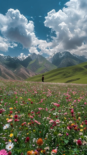 一半画面一个男人站在开满鲜花的草原上仰望，画面一半，远处有山天空蓝天白云