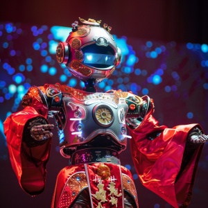 一个机器人，穿着中国传统戏服，红色的戏服，在舞台上唱戏