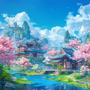 Outdoor, spring atmosphere, blue theme, blue sky, white clouds, (Japanese cherry blossoms), cherry blossom trees, shops,many (fruits:1.3),apple,watermelon,strawberry,prune, buildings, (castle: 1.2), pavilions, pavilions, dreams, grass, flowers, grass, (river: 1.2),3D art, C4D,OC rendering, background with mountains, small trees, masterpieces, high-definition details, ultra-wide-angle lens, perspective lens, exquisite wallpaper