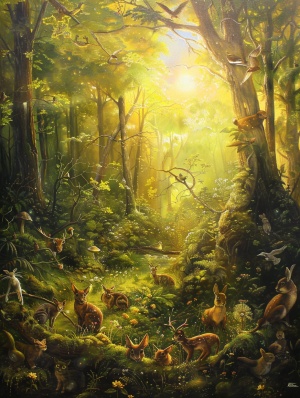 金色的阳光洒在郁郁葱葱的森林中，小动物们开始忙碌的一天。