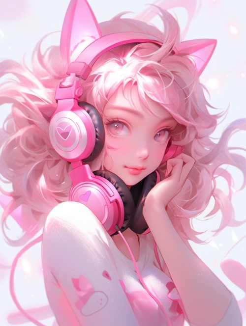 猫耳美少女粉色卷发头戴耳机，流光溢彩、电子屏幕闪烁，身姿曼妙，粉色调，色彩丰富，藏色，人物胸像，可爱少女，水手服