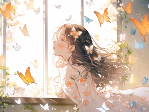 春风落满了窗台，蝴蝶装饰了窗子，一个青春美人女，看向窗外