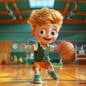 这张图片展示了一个可爱的卡通小男孩在篮球场上运球的场景。具体来说，这是一位穿着绿色背心和短裤的小男孩，脚上穿着绿色的运动鞋，双手捧着篮球，眼睛大而明亮，头发呈金黄色，略显蓬松。他的面部表情充满了快乐和兴奋，似乎非常享受篮球运动的乐趣。背景是一个室内篮球场，地板是木质的，周围有篮筐和其他体育设施。