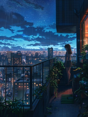 A girl，makoto shinkai style, anime, japan animation background,80mmcamera lens, wide angle, night view, city, building, edge, highdetail q 2 s 250v5