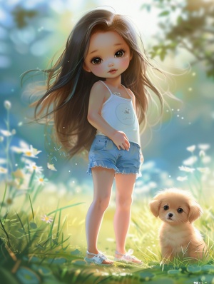一个长头发的超级可爱的小女孩，穿着蓝色的短衣短裤，穿着小白鞋，翘着脚，简单的背景，一簇小草，和一条小狗，超高质量，