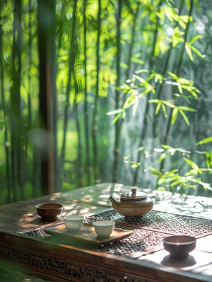 阳光透过竹叶的缝隙洒落在茶桌上，形成斑驳的光影。在竹林中坐下，品味着清香的茶，感受大自然的宁静与美好