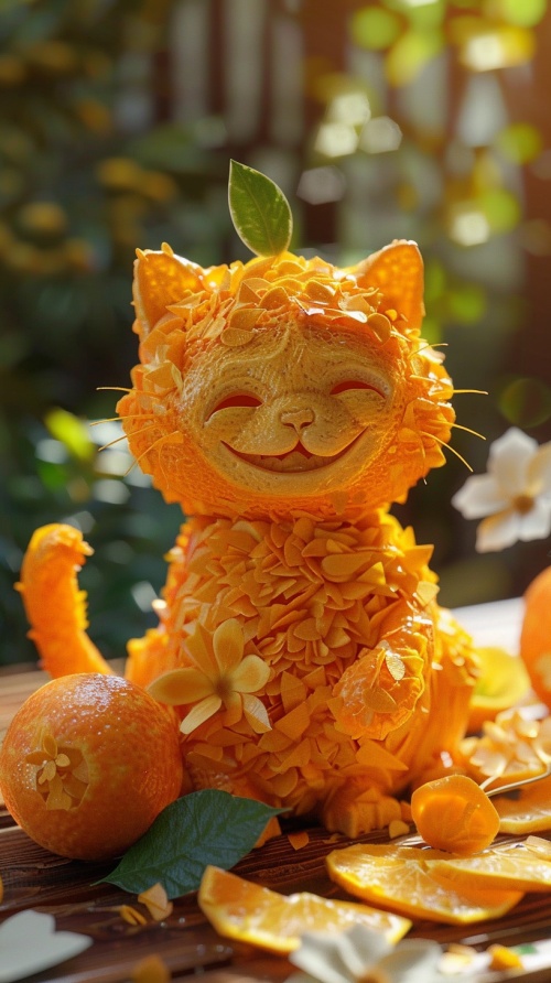 一只可爱的橘子猫咪，从橘子瓤上雕刻成复杂的细节，像一只可爱的小猫咪，有详细的皮毛纹理和眼睛。笑眯眯的，细节很细腻，橘子周围有一些切好的橘子皮和橘子瓣作为装饰，创造了一个视觉上吸引人的场景。这件富有创意的艺术品展示了如何用雕刻技巧改造食物，为传统烹饪技术增添了独特的色彩。