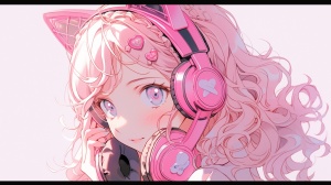 猫耳美少女粉色卷发头戴耳机，流光溢彩、电子屏幕闪烁，身姿曼妙，粉色调，色彩丰富，藏色，可爱少女，水手服,背景粉红