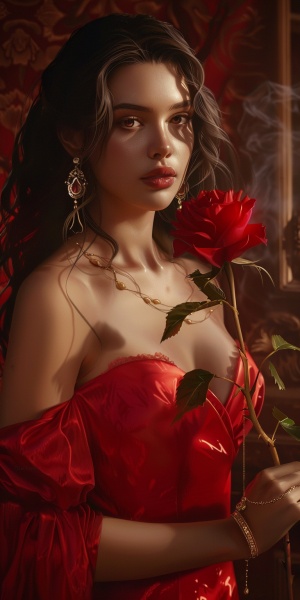 这是一幅艺术插画，描绘了一位手持红玫瑰的女性。她穿着红色的衣服，露出肩膀，头发长而波浪，耳朵上戴着耳环。背景光线柔和，给人一种温暖的感觉。整体色调和谐，红色的玫瑰与她的衣服相呼应，增添了画面的浪漫氛围。