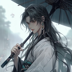 动漫男性，五官精致，帅气，中国古代风格，黑色长发、白色衣服，气质温润。执青色的伞在雨中步行，翩翩公子，温润如玉。