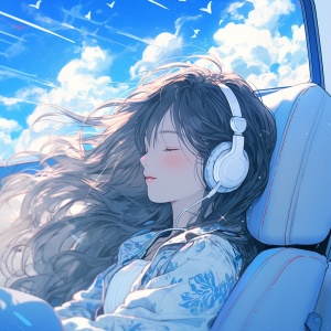 车窗，微风吹起长发，蓝蓝的天空，白白的云朵，甜美的女孩，塞着耳机，听着歌，闭眼，半厚涂