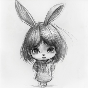 artoon style, thick lines, low detail, no shading, graphic design, pencil sketch of Chibi, toy character, A little girl has rabbit ears