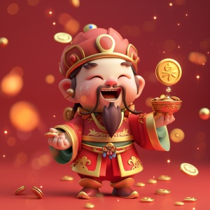 ute joyful Chinese God of Wealth, holding a gold ingot and floating gold coins in his hand,happy smile. smiling in minimalist style, bokeh,simple and clean light redbackground, full body portrait, bright lights, soft andadvanced colors,3D Pixar style, C4D, blender, ocrendering, Exquisite and festive,Ray tracing, chibi, ultra-detail, ar 3:4 style raw stylize 750 niji 6
