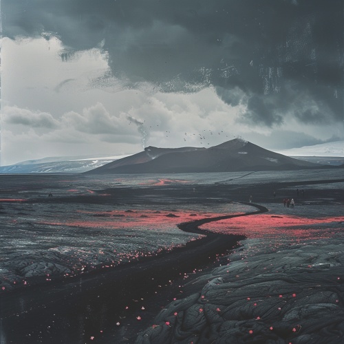 冰岛火山,岛屿上方的乌云,地面上的红色和粉色熔岩花,远处有人在走动,黑土,暗天空,超现实主义,以L destroys风格的摄影风格,柯达胶片照片,胶片颗粒,超级写实。