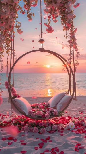 winter morning, seaside, beaful sunrise, there is a circular swing surrounded by roses on the beach, there is a beaful lamp and white throw pillows in the wrought iron swing, pink roses are lifelike, the beach in the distance is covered with red petals, beaful morning, blue sea, bright light, high definition picture, soft light, super high definition, realistic, 8k 2 v 4 ar 2:3