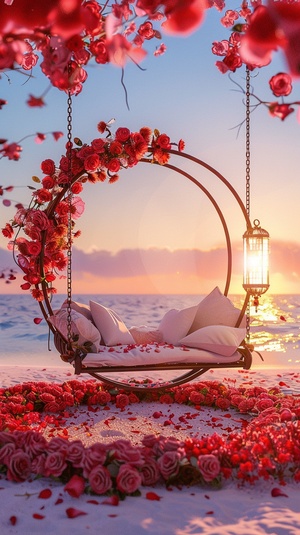 winter morning, seaside, beaful sunrise, there is a circular swing surrounded by roses on the beach, there is a beaful lamp and white throw pillows in the wrought iron swing, pink roses are lifelike, the beach in the distance is covered with red petals, beaful morning, blue sea, bright light, high definition picture, soft light, super high definition, realistic, 8k 2 v 4 ar 2:3