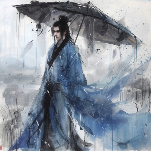 古风男性，五官精致，帅气，中国古代风格，黑色长发，走在雨中 ，只留一个背影，青色长衫。
