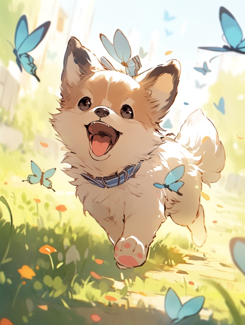 一个超级可爱的小狗，奔跑在小路上，两旁小草，柔和的光线，飞舞的蓝色蝴蝶，简单的背景，高质量，超高细节，