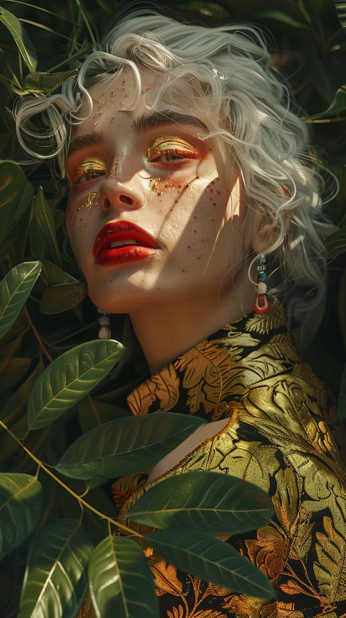 Close up portrait of a woman with white hair, wearing gold and red eyeshadow, thick eyeliner, and red lipstick, leaning on green leaves. She is dressed in a golden satin shirt with a black pattern and wearing earrings. Thephotorealistic and hyper detailed portrait has a cinematic look with volumetric light, in the style of an Old Master painter