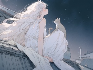 月色下屋顶上一个猫人半躺着，有着长达腰间的白发，穿着一袭白衣，欣赏月色