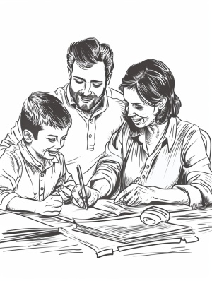 一家三口，老公老婆儿子，坐着帮孩子辅导作业，面带微笑，