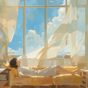 一个夏日的午后，一个漂亮的女人躺在宽敞的客厅，温柔的风吹来，薄纱窗帘飘来，真的很治愈