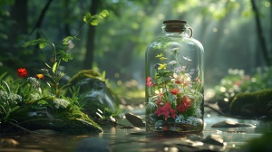 A glass bottle filled with flowers and plants, in a forest by a stream, bright light creates a dreamy scene with exquisite details and a symmetrical composition in the style of a movie poster design. The octane rendering results in high resolution hyperrealistic photography with high detail.