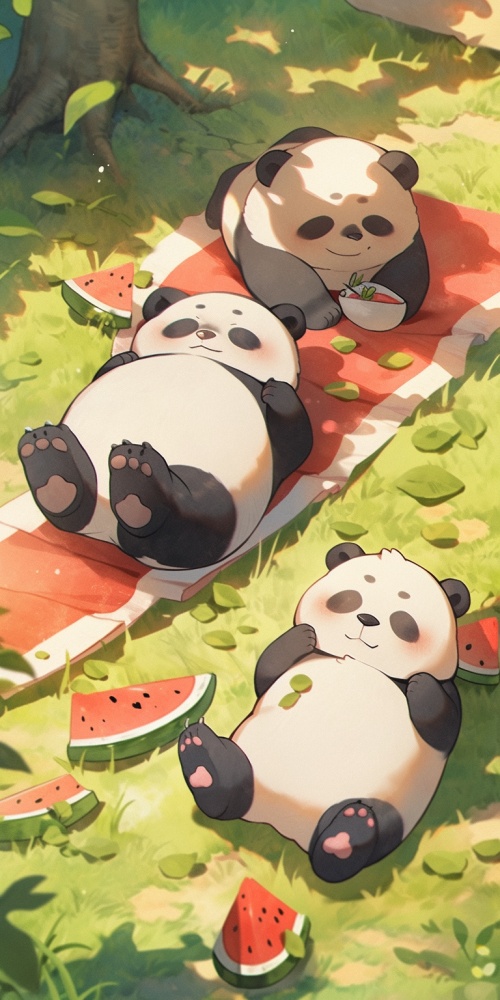 三只胖乎乎的毛茸茸的熊猫幼崽，颜色深浅不一，躺在绿油油的草坪上晒日光浴，有的在吃西瓜、有的在喝果汁、有的把树叶遮挡住眼睛，自上而下的视角，明媚的阳光，柔和的光影，水彩风格，可爱的卡通插画，三只熊猫位于整张画面的下方。上方是一望无际的草坪