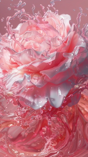 流体油画，透明水流体，喷溅，玫瑰花，粉色，流体背景，流畅，透亮，oc渲染，超级细节，细节，高级感，前视图，16k
