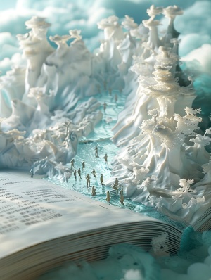 there are a lot of tiny people standing on a open scroll book,hyperdetailed 3d matte painting,infinity hieroglyph waves,icy landscape,by Li ,calligraphic poetry,3d close-up,album,in a dream world,9 k,windings,illustrations,finely detailed feature,crisp smooth lines,hyperdetailed content,silk flowing in wind,