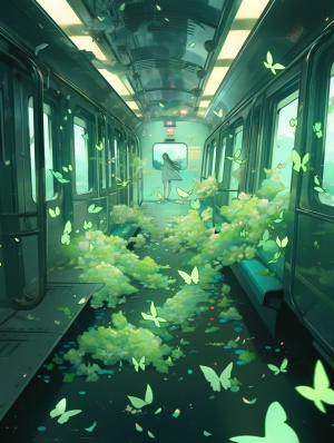 浅绿色蝴蝶，列车厢里 。鲜花满地 ，治愈系，氛围，清新唯美，氛围感强，