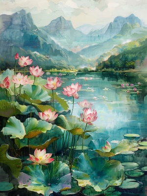 lotus flowers in a pond with mountains in the background, an impressionist painting by Ma Wan, flickr contest winner, color field, lotus flowers on the water, lotus flowers, lotus pond