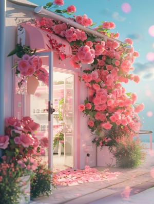 Bright sky, bright and clean environment, Flower shop at the crossroads, delicate pink,red rose bouquets,, rose bouquet, the roof is covered with roses, there is a rose bouquet at the door, soft light, glowing waves, minimalist, blender, ocrendering, POP Matt, bubble mats, blind boxes,c4d style, high details, clear visuals, blind box toys, super detailed, c4d, 8k,