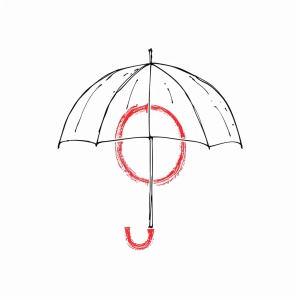 一个简单的线条画的雨伞,里面有一个红色的字母“O”,画在白纸上。轮廓清晰且平滑,适合儿童绘画或教育材料。它具有粗线条,使设计具有孩子友好的简单性。这象征着春季户外玩耍时的气象安全。风格类似于让·朱利安。