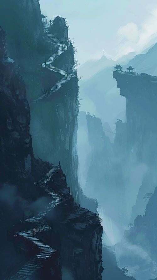 悬崖高山上，一条山的阶梯延伸向远方，朦朦胧胧，神秘的蓝调天空