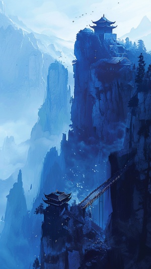 悬崖高山上，一条山的阶梯延伸向远方，朦朦胧胧，神秘的蓝调天空