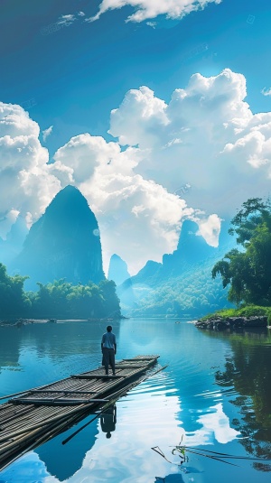 一半画面一个男人站在竹筏上，远处有桂林山水天空蓝天白云，