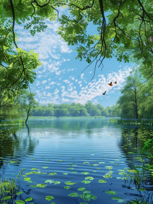 春天，茂密的绿树、婀娜的湖泊、碧绿的新叶、明亮的阳光、花开鸟鸣、微风拂面、湖面泛起涟漪、花草争相绽放、蜂鸟忙碌采蜜、青翠的树荫、湖水清澈透明、鱼儿嬉戏玩耍、青蛙欢快的鸣叫、蝴蝶翩翩起舞、倒映着蓝天的湖面。8k，摄影图