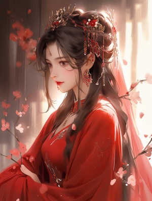 中国人，古代风格，一个穿着色大红色古装衣服的漂亮女子，五官精致美丽，头戴发饰，精致，微笑，画面唯美，宛如仙境，超高清画质，极致细节，