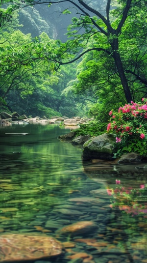 一张平静的小溪流淌，溪水清澈见底，周围是绿树和花草，给人一种宁静和恬淡的感觉,,超真实,真实感,摄影图片