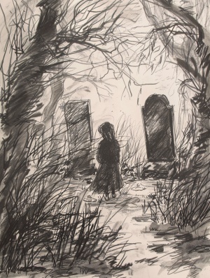 一个女人站在两个墓碑前，四周是荒野，女人显得很渺小