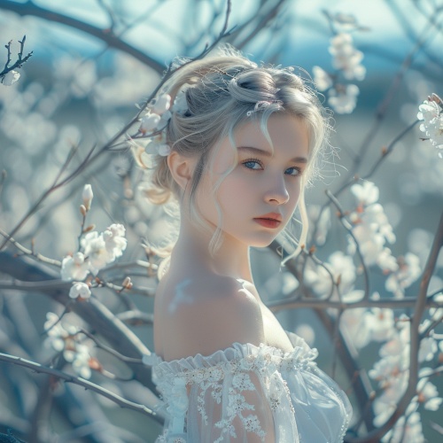 (masterpiece:1.2,best,quality),(depth,of,field:1.6),(real,picture,intricate,details),looking,at,viewer,standing,Portrait,Of,Stunningly,Beautiful,Girl,1girl,solo,Apricot,blossom,,blue,tone,,bright,color,,simple,background,,light,background,,soft,light,,studio,lighting,half,updo,delicacy,off-shoulder,dress,