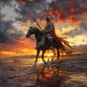 中国古代骑兵，银色盔甲，骑在黑色骏马上，手拿铁锏，在河岸边，夕阳