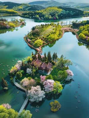 Beautiful scenery in spring, distant green hills, lakes, island in the middle of the lake, house loulan, the island is covered with cherry blossoms, willow trees, pine trees, railings, heart-shaped reservoirs, plum blossoms, slate paths, and low aerial photography angle. ar 3:4 stylize 200