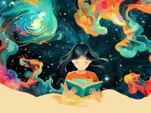 儿童画，小女孩读书，科技飞速发展，宇宙在头上方，读书引领新时代
